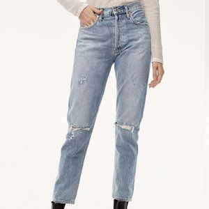 AGOLDE jaime high rise cotton button fly distressed crop straight leg jean 30